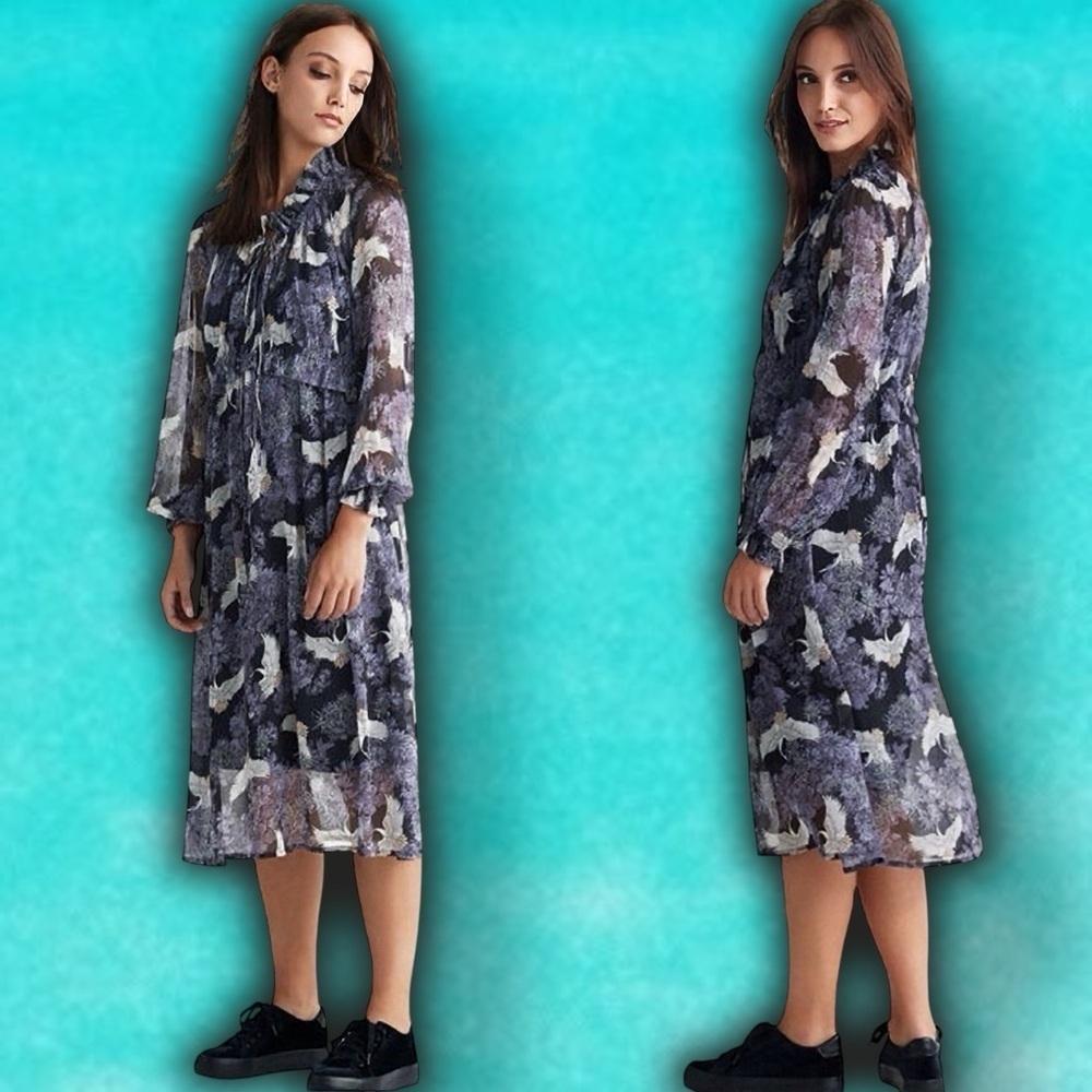 NWOT Ellos Navy Blue & Purple Oriental Flying Crane Ruffle-neck Dress Size 24